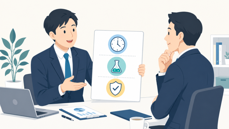 経理担当者が上司に業務改善の3つのポイントを説明するイラスト