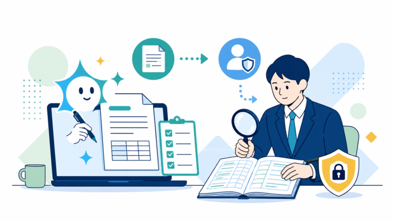 AIが下書きを作り、経理担当者が内容と機密性を確認するイラスト